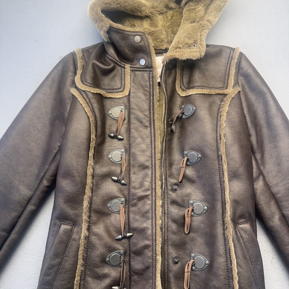 Laundry Shelli Segal Faux Leather Fur Hooded Duffle Toggle Jacket Coat Brown XS - Picture 3 of 15